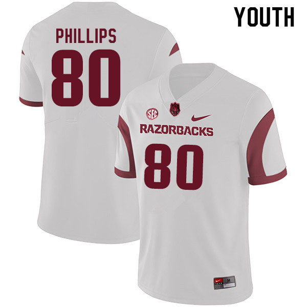 Youth #80 Matthew Phillips Arkansas Razorbacks College Football Jerseys Sale-White